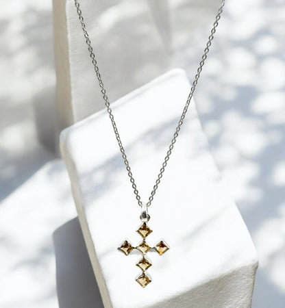 Divine Cross Citrine Gemstone Pendant Necklace in Sterling Silver
