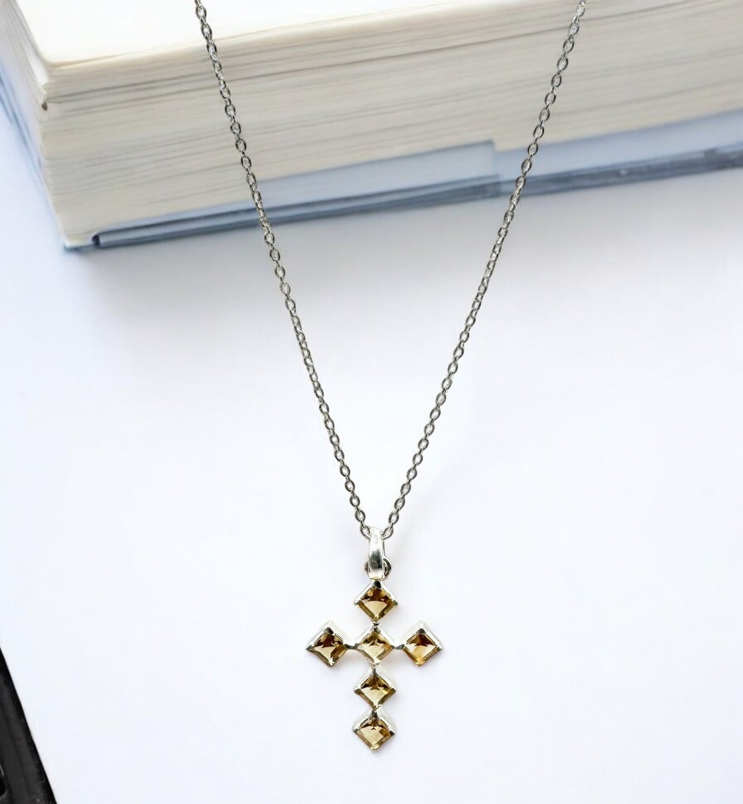 Divine Cross Citrine Gemstone Pendant Necklace in Sterling Silver