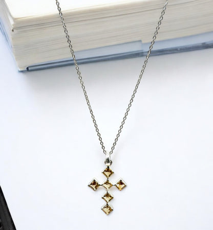 Divine Cross Citrine Gemstone Pendant Necklace in Sterling Silver