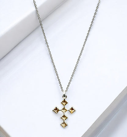 Divine Cross Citrine Gemstone Pendant Necklace in Sterling Silver