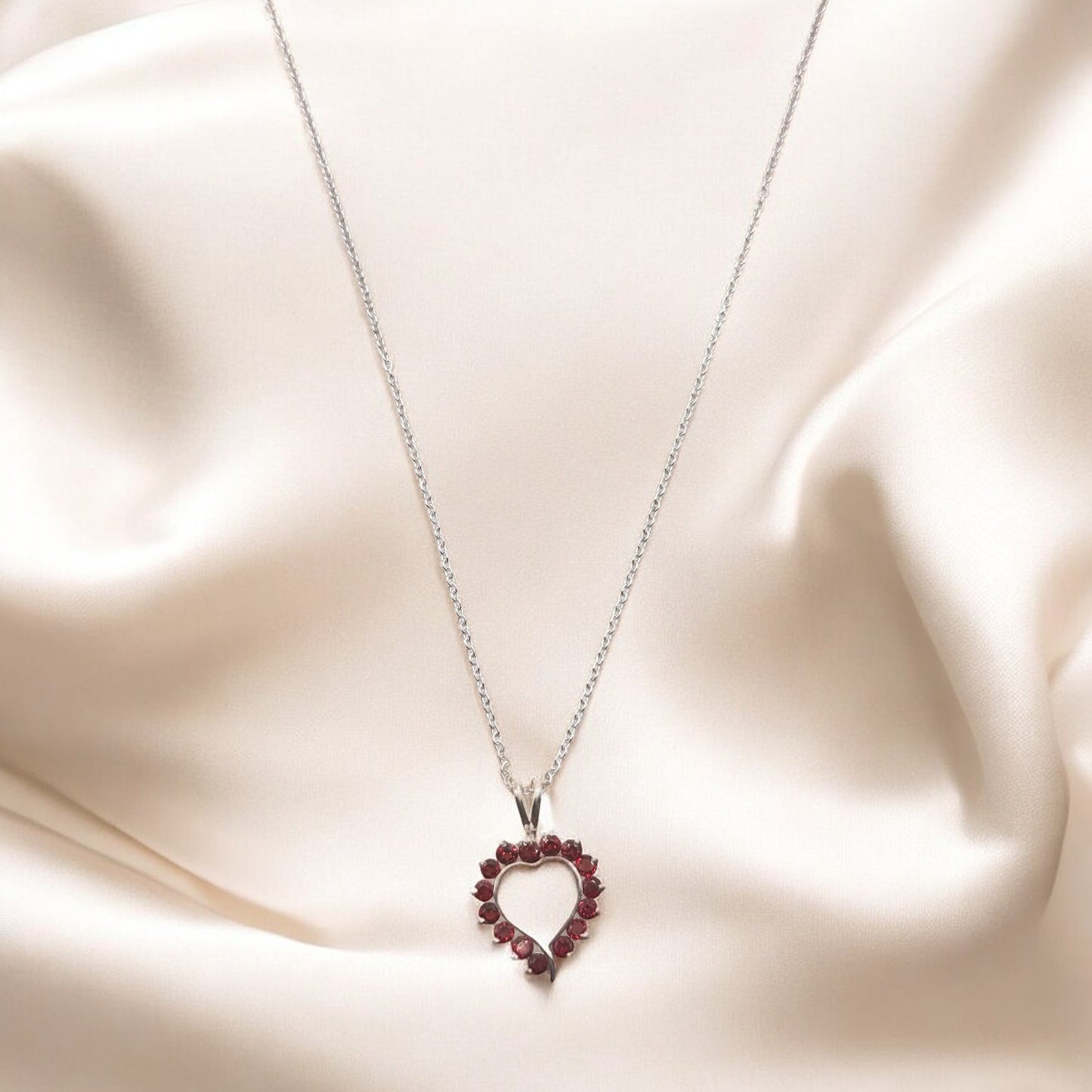 Garnet Gemstone Heart Pendant Necklace in Sterling Silver