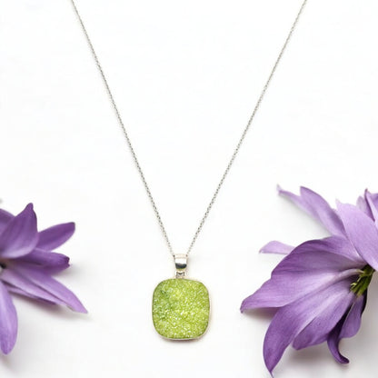 Green Druzy Gemstone Pendant Necklace in Sterling Silver