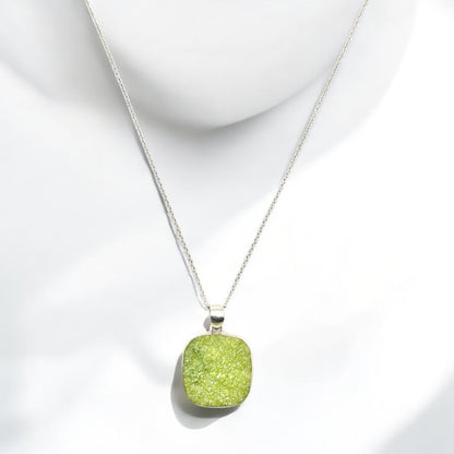 Green Druzy Gemstone Pendant Necklace in Sterling Silver