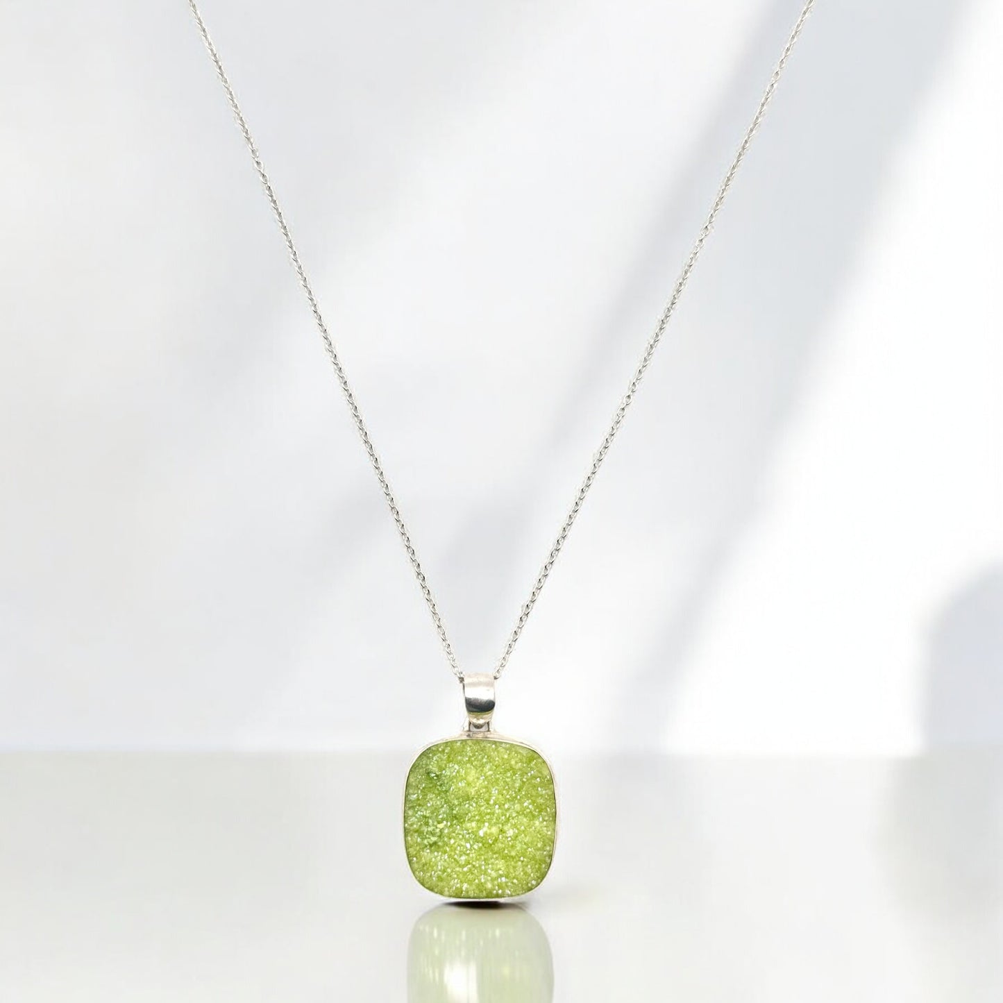 Green Druzy Gemstone Pendant Necklace in Sterling Silver