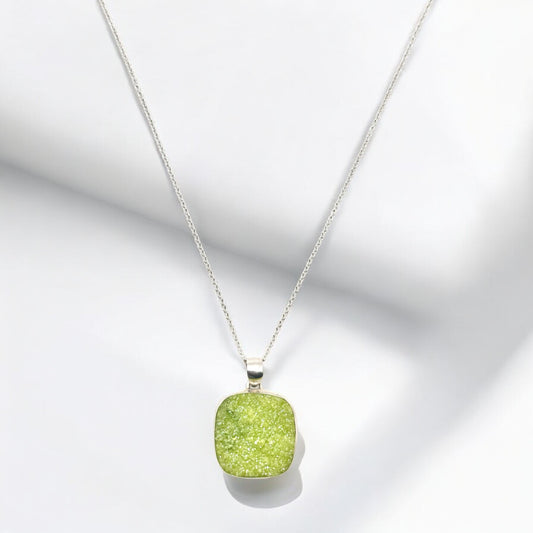 Green Druzy Gemstone Pendant Necklace in Sterling Silver