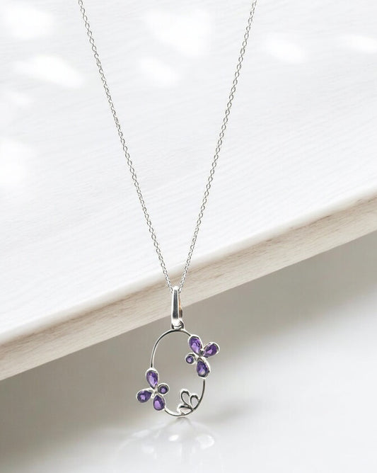 Amethyst Gemstone Flora Pendant Necklace in Sterling Silver