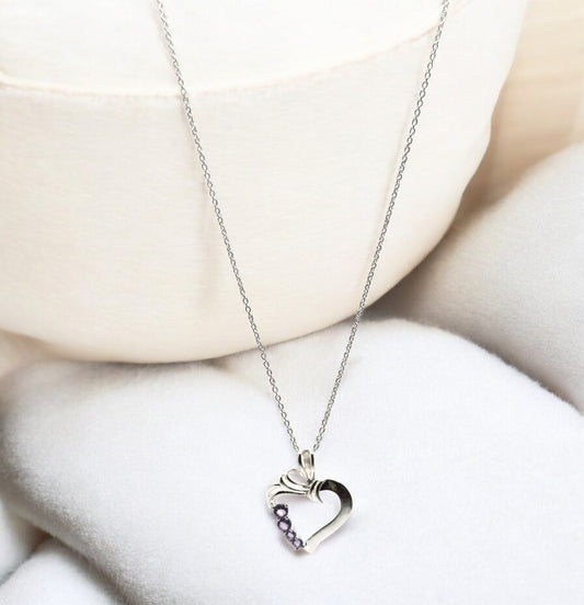 Amethyst Gemstone Silver Heart Pendant Necklace in Sterling Silver