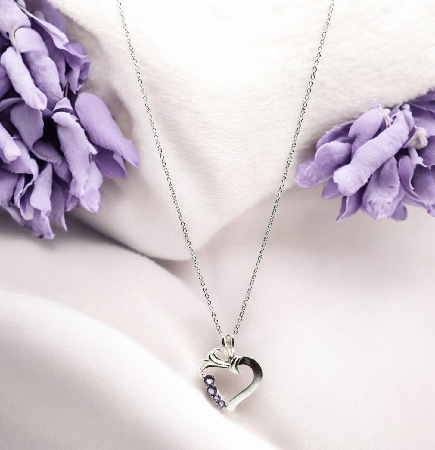 Amethyst Gemstone Silver Heart Pendant Necklace in Sterling Silver