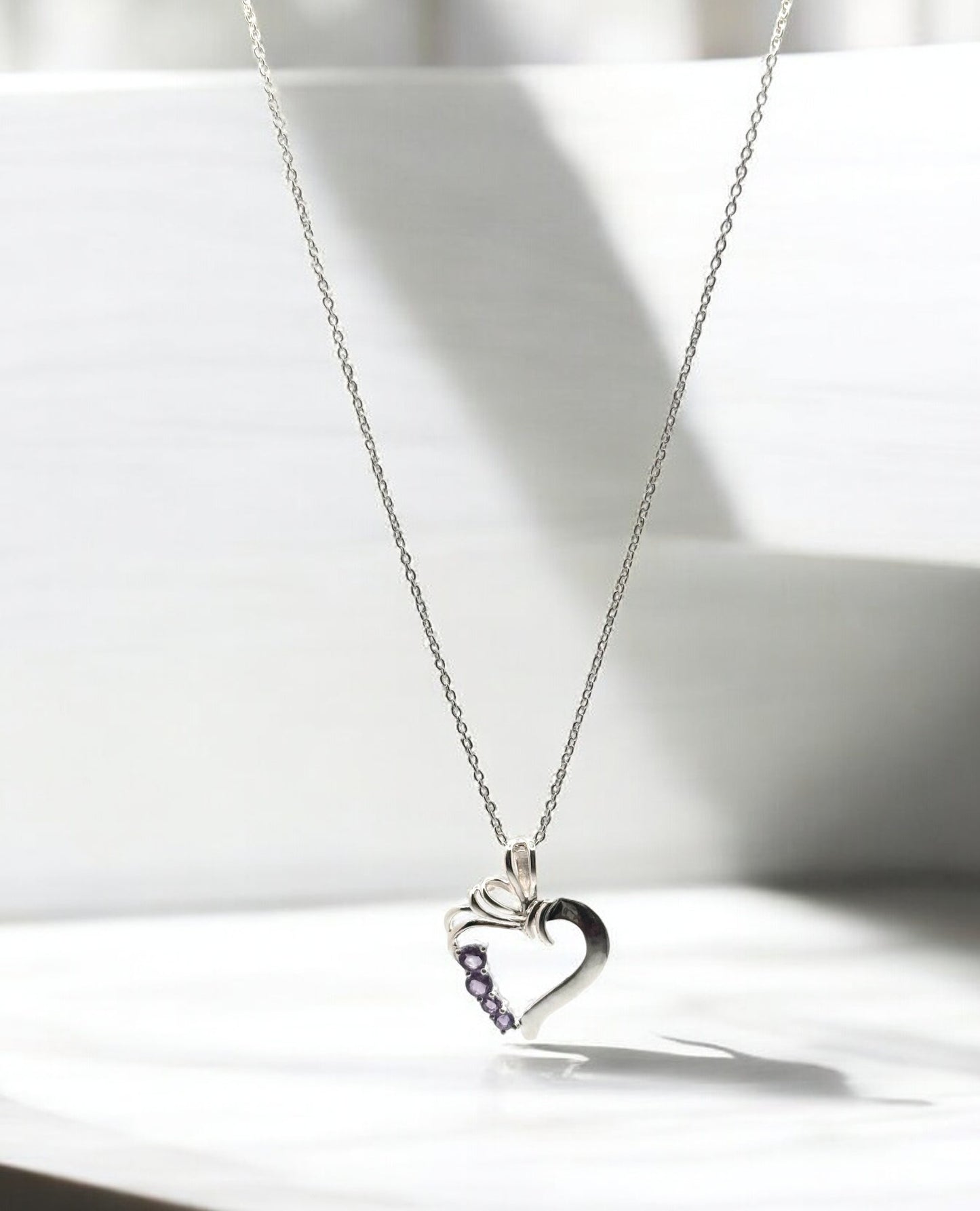 Amethyst Gemstone Silver Heart Pendant Necklace in Sterling Silver