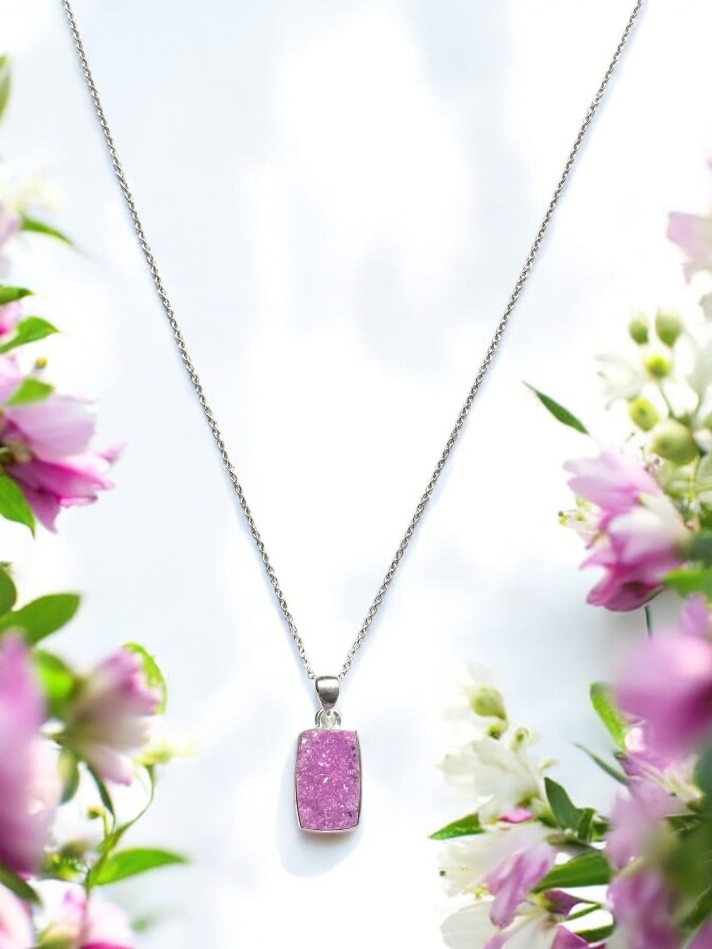 Cobalt Druzy Gemstone Pendant Necklace in Sterling Silver