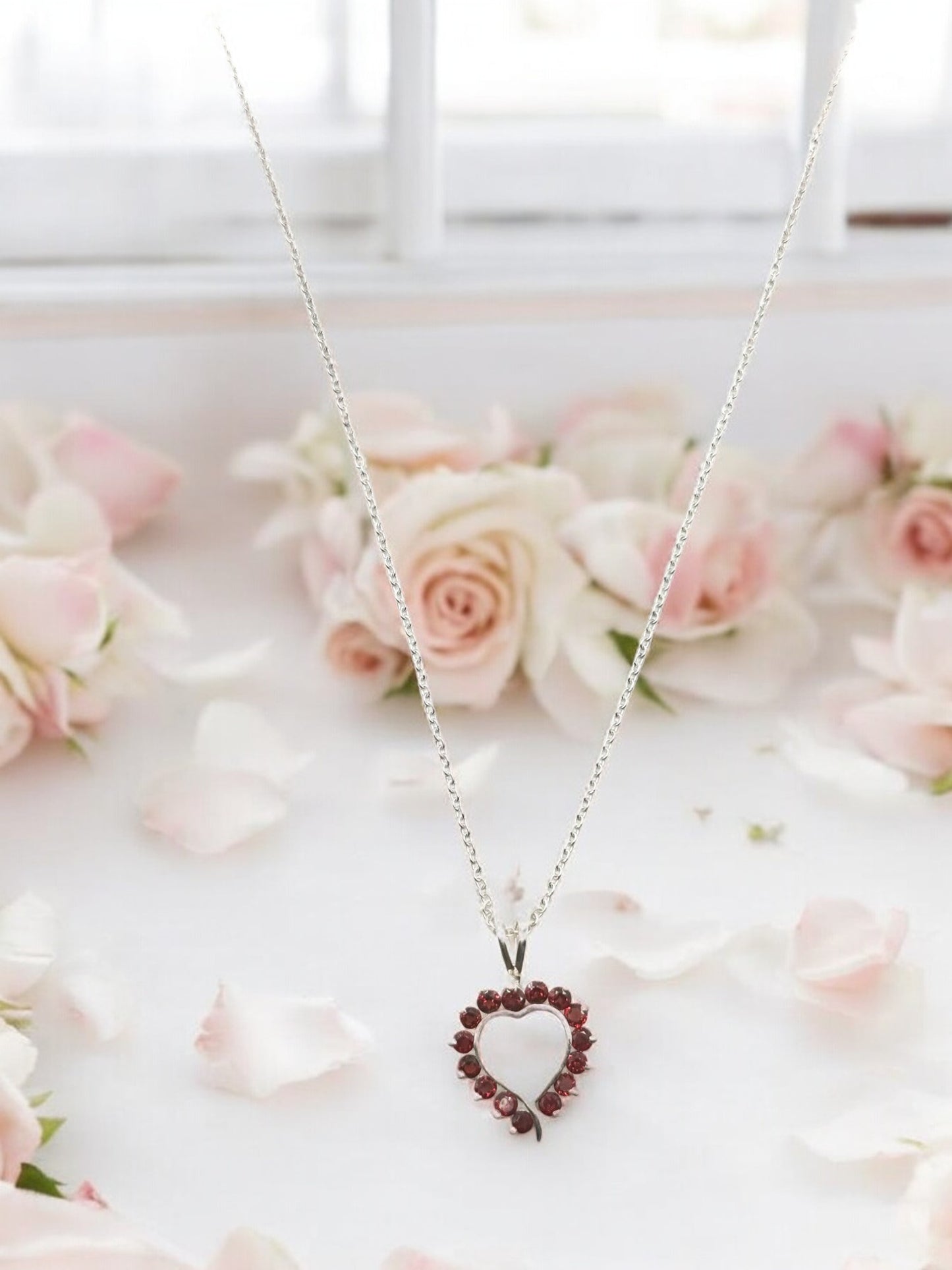 Garnet Gemstone Heart Pendant Necklace in Sterling Silver