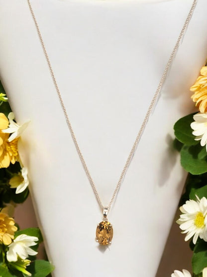 Natural Yellow Citrine Gemstone Pendant Necklace in Sterling Silver