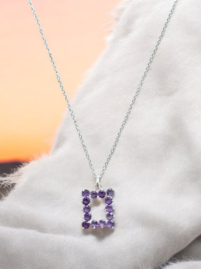 Amethyst Gemstone Square Pendant Necklace in Sterling Silver