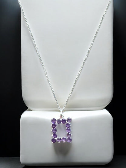 Amethyst Gemstone Square Pendant Necklace in Sterling Silver