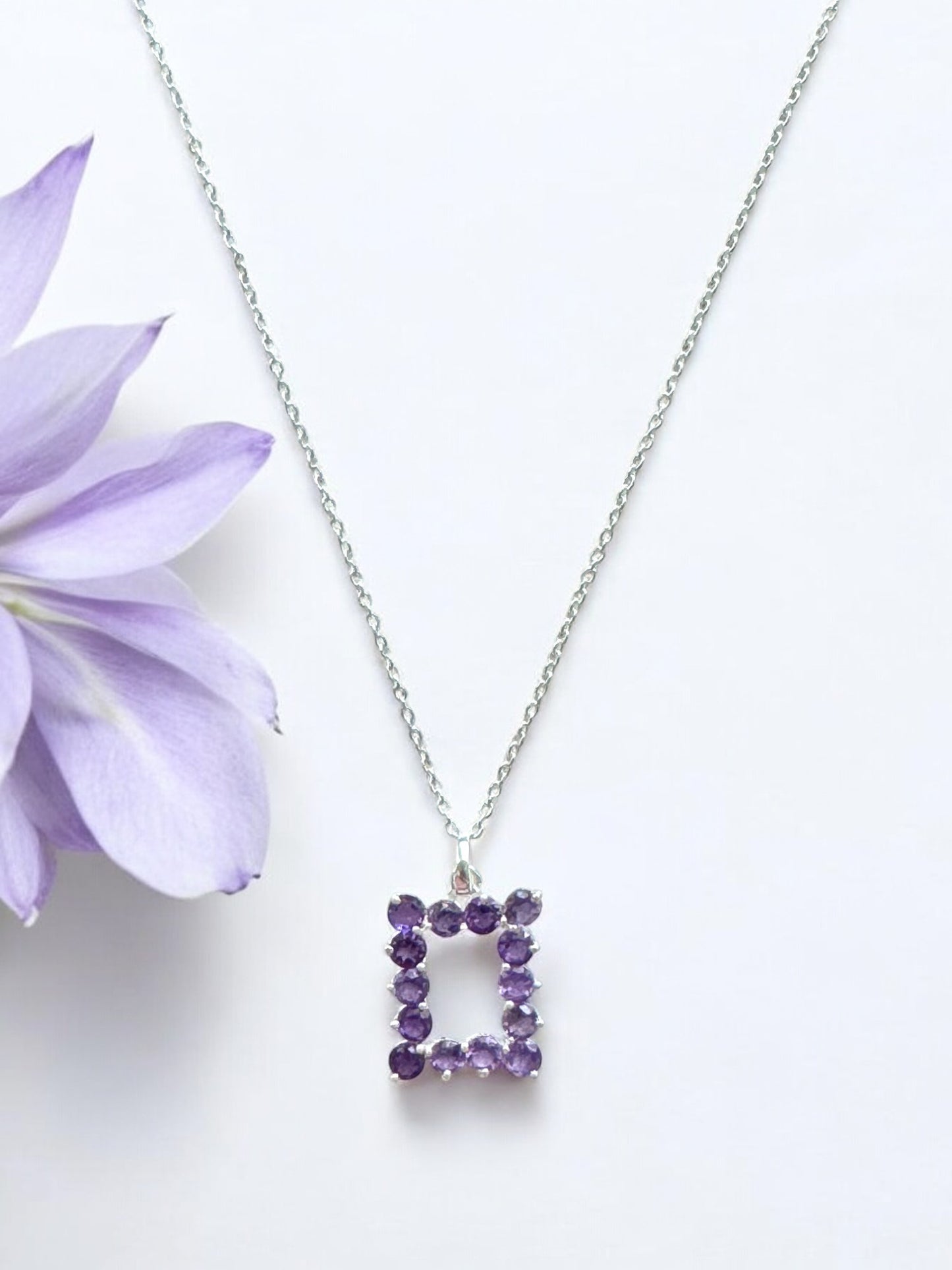 Amethyst Gemstone Square Pendant Necklace in Sterling Silver