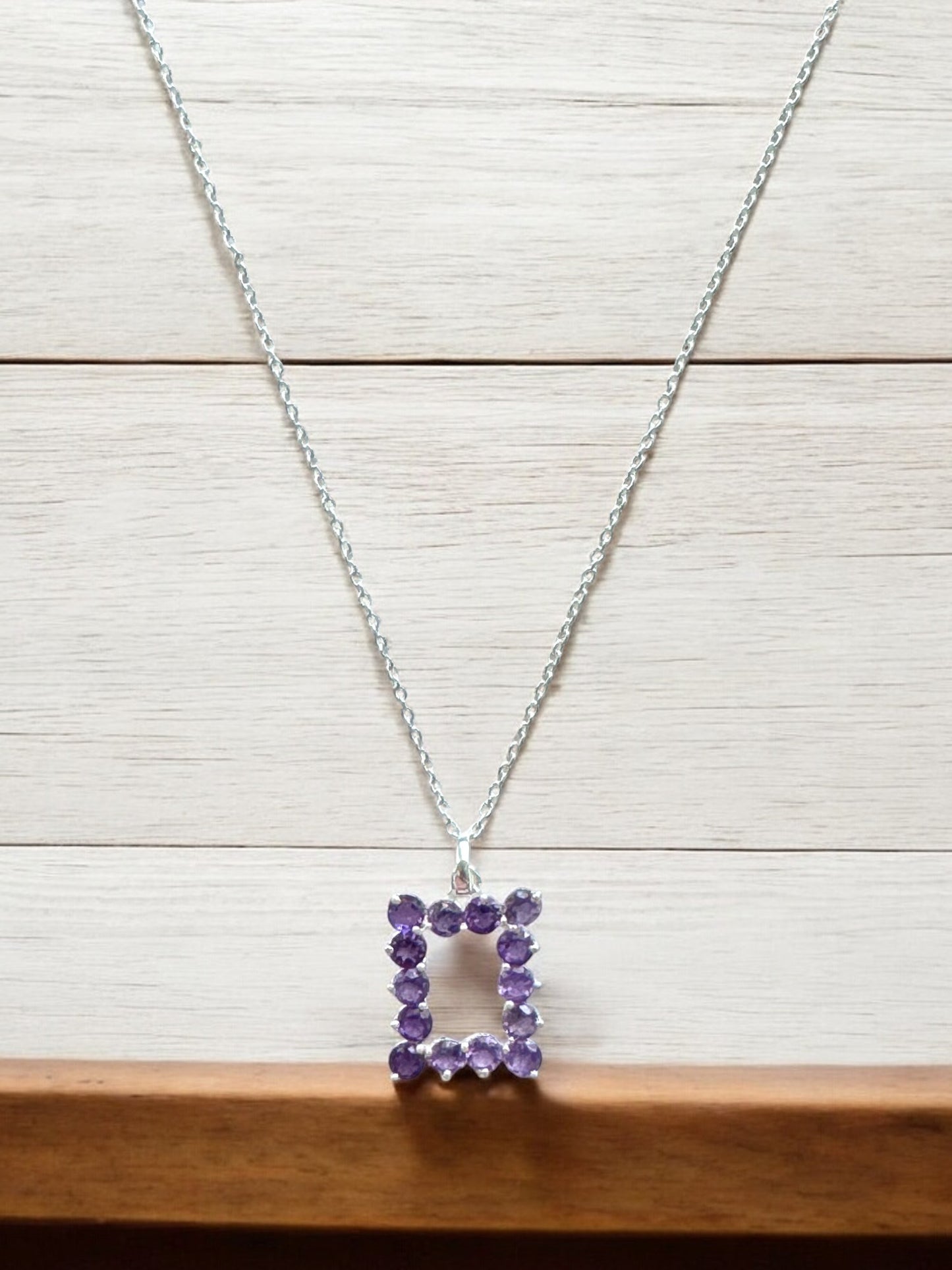 Amethyst Gemstone Square Pendant Necklace in Sterling Silver