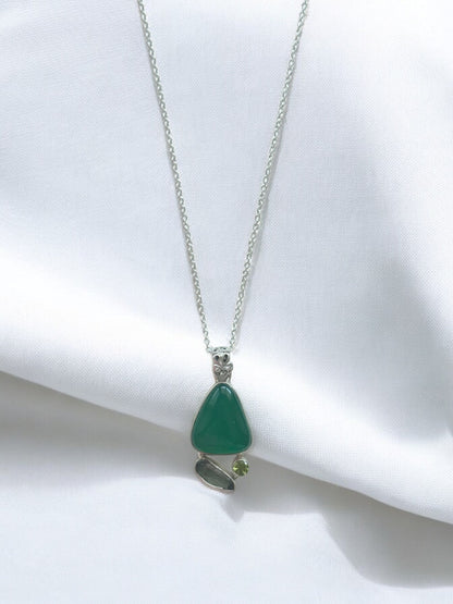 Natural Green Onyx Gemstone Pendant Necklace in Sterling Silver