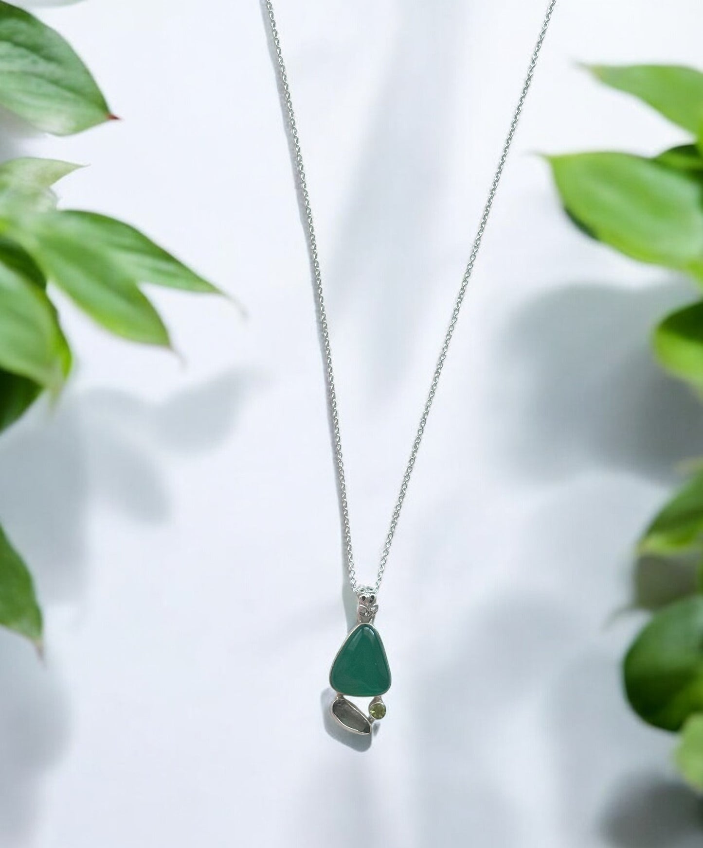 Natural Green Onyx Gemstone Pendant Necklace in Sterling Silver