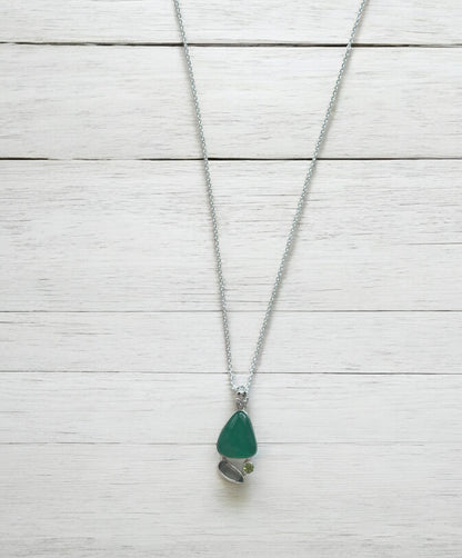 Natural Green Onyx Gemstone Pendant Necklace in Sterling Silver