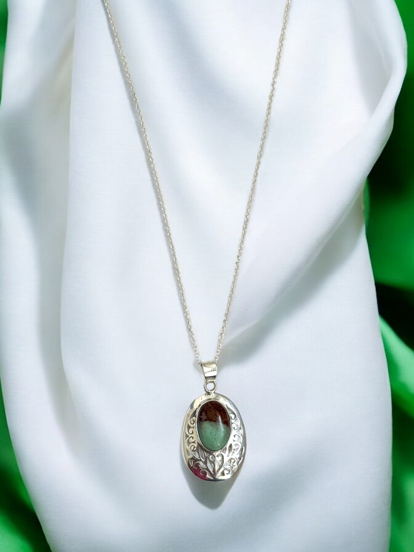 Natural Chrysoprase Gemstone Pendant Necklace in Sterling Silver