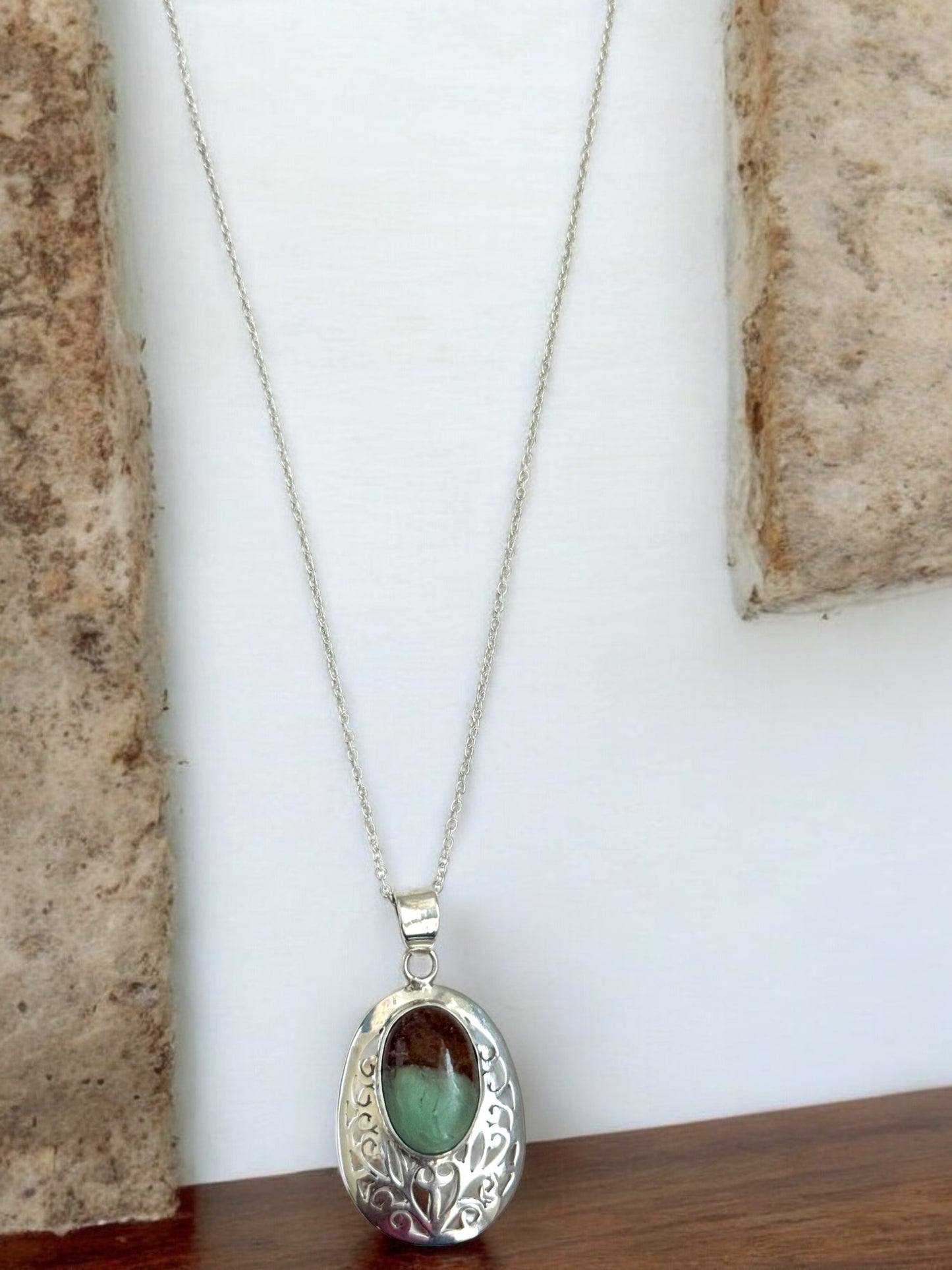 Natural Chrysoprase Gemstone Pendant Necklace in Sterling Silver