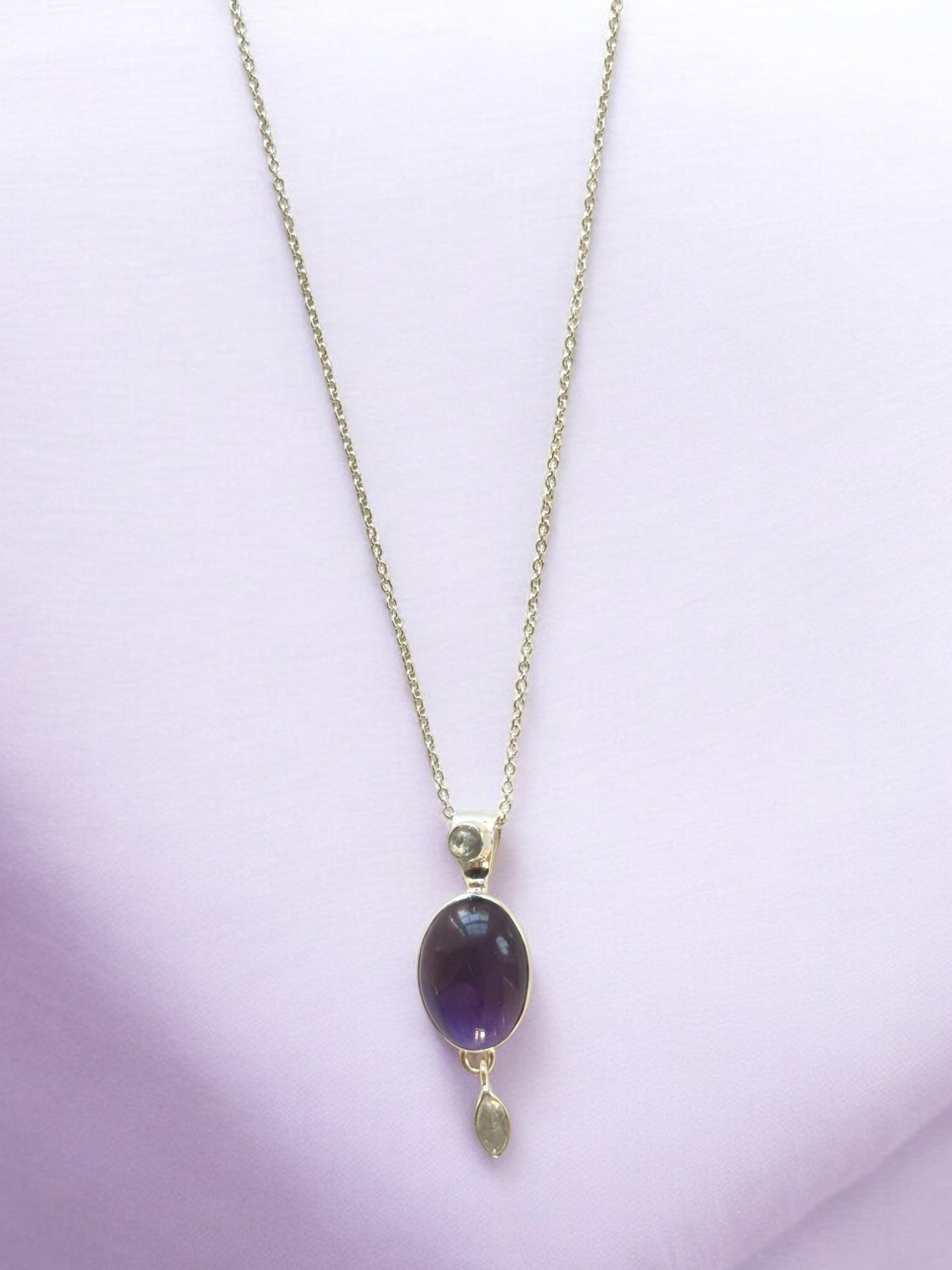 Natural Amethyst Cabochon Pendant Necklace in Sterling Silver