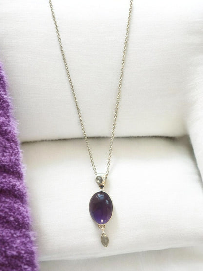 Natural Amethyst Cabochon Pendant Necklace in Sterling Silver