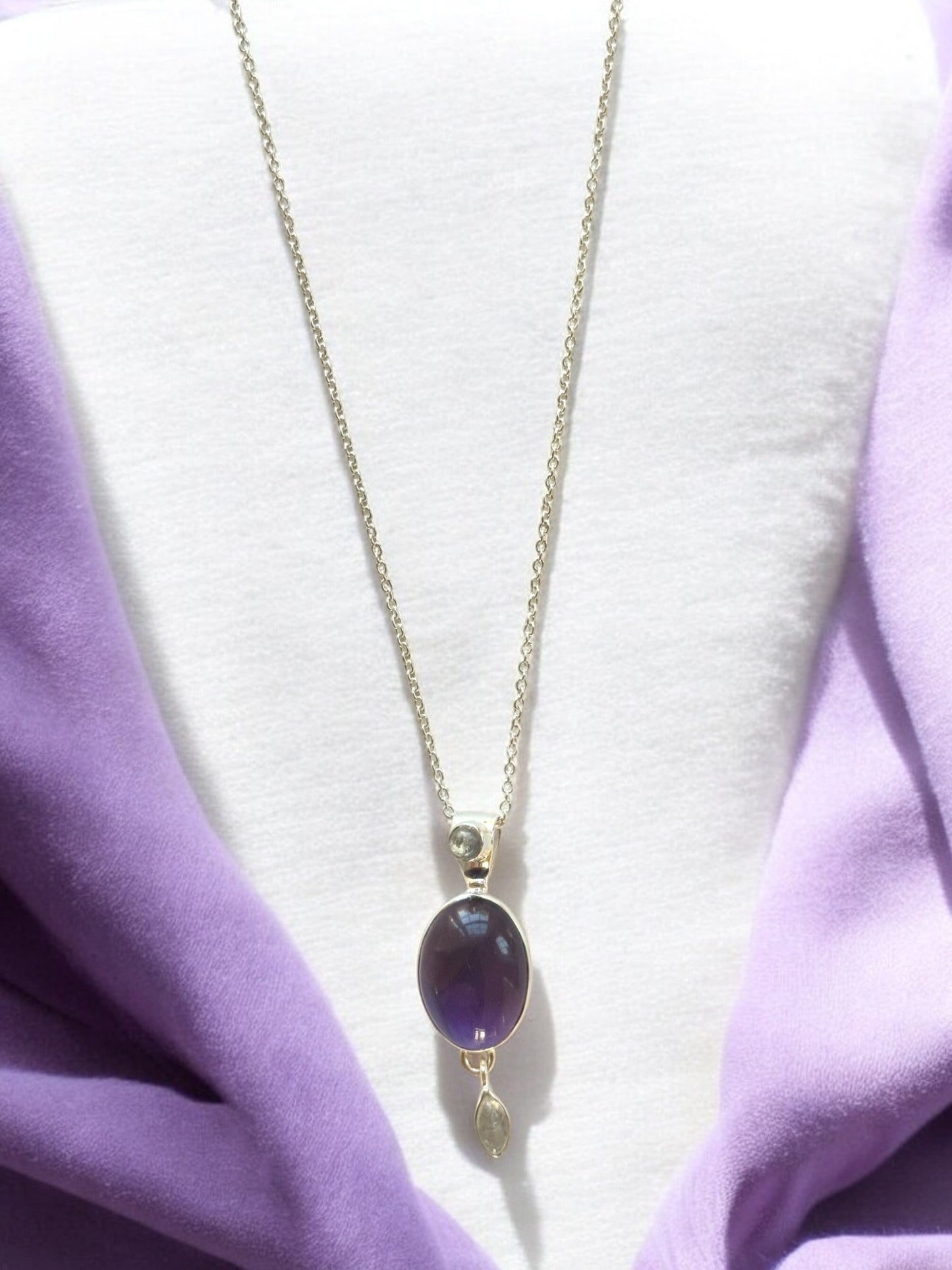 Natural Amethyst Cabochon Pendant Necklace in Sterling Silver