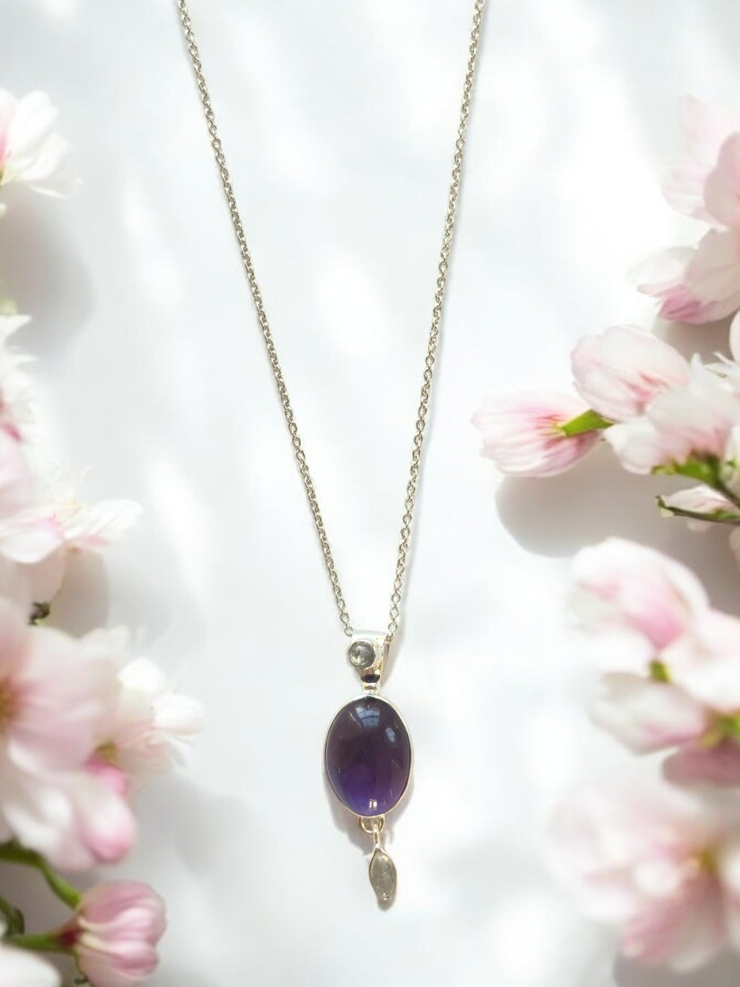 Natural Amethyst Cabochon Pendant Necklace in Sterling Silver