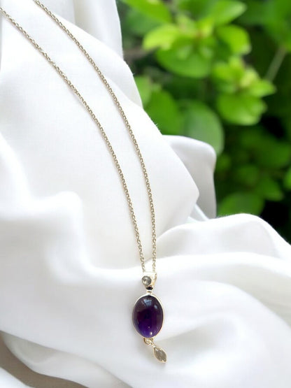 Natural Amethyst Cabochon Pendant Necklace in Sterling Silver