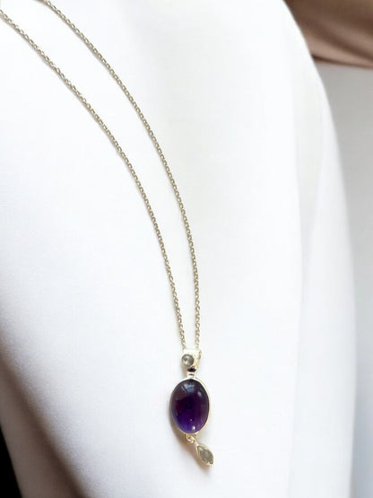 Natural Amethyst Cabochon Pendant Necklace in Sterling Silver