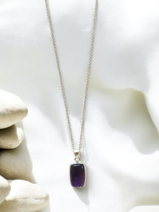 Square Amethyst Gemstone Pendant Necklace in Sterling Silver