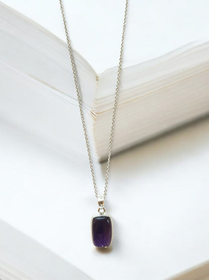 Square Amethyst Gemstone Pendant Necklace in Sterling Silver