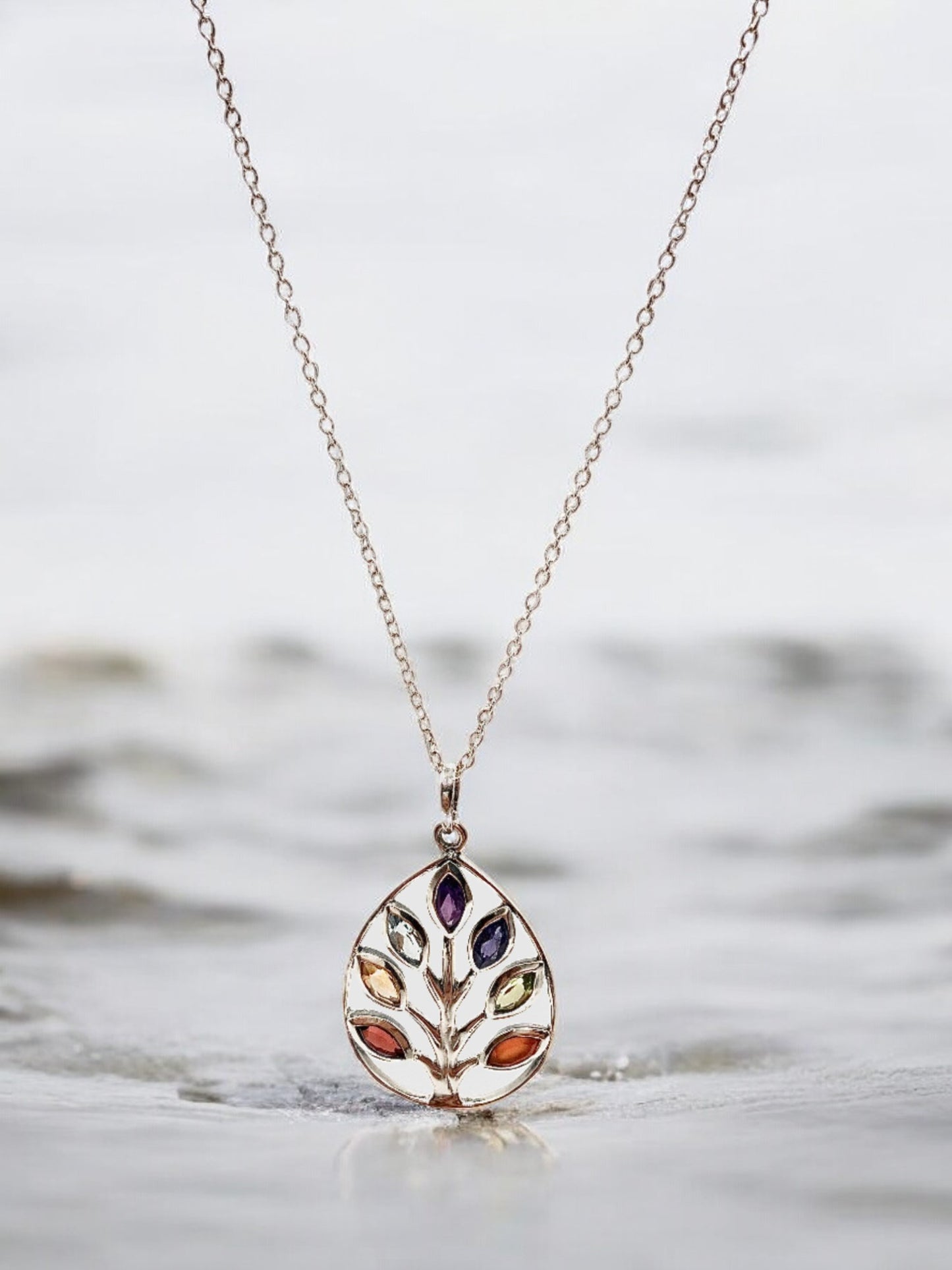 Tree Of Life Seven Stones Pendant Necklace in Sterling Silver