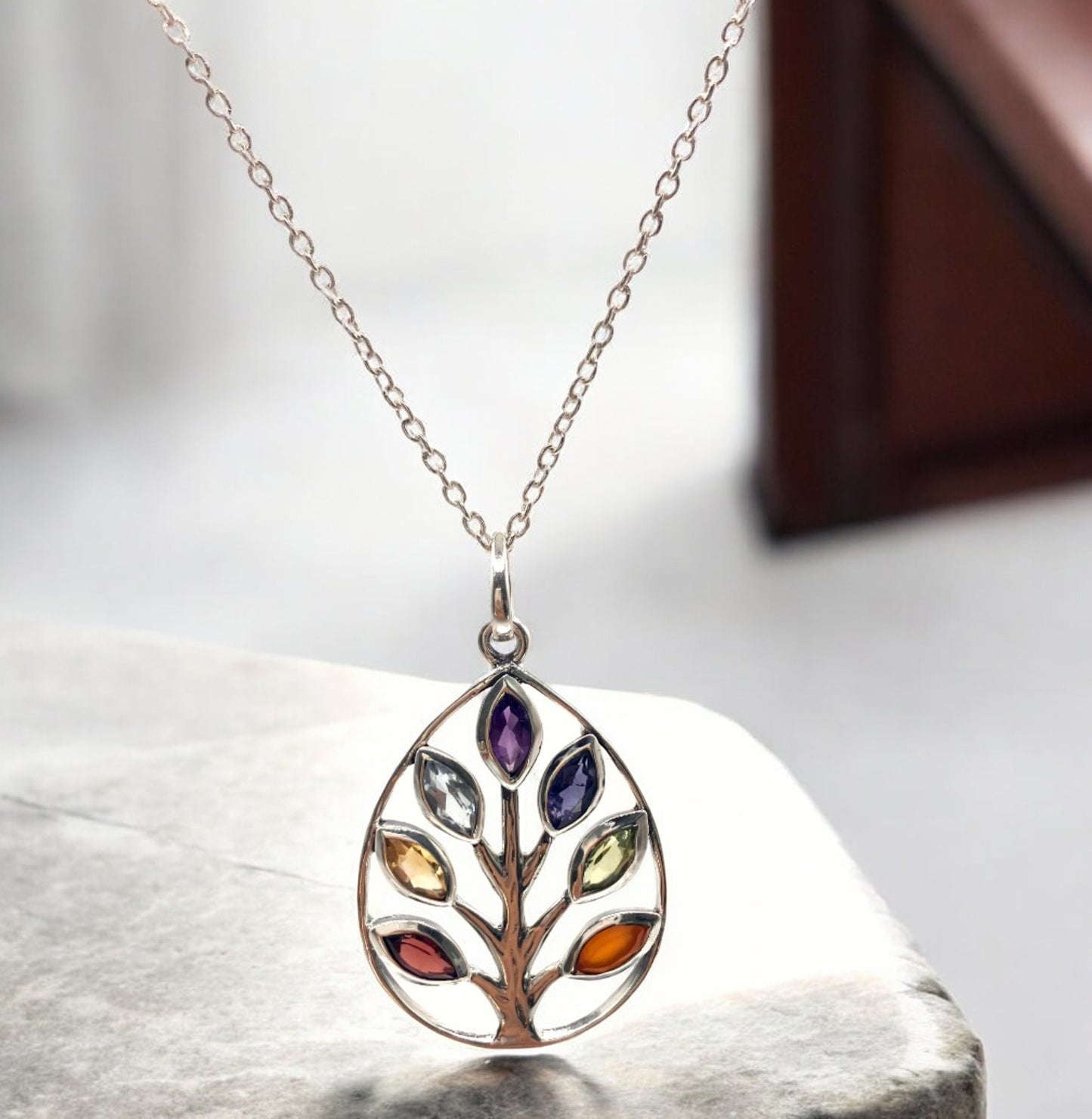 Tree Of Life Seven Stones Pendant Necklace in Sterling Silver