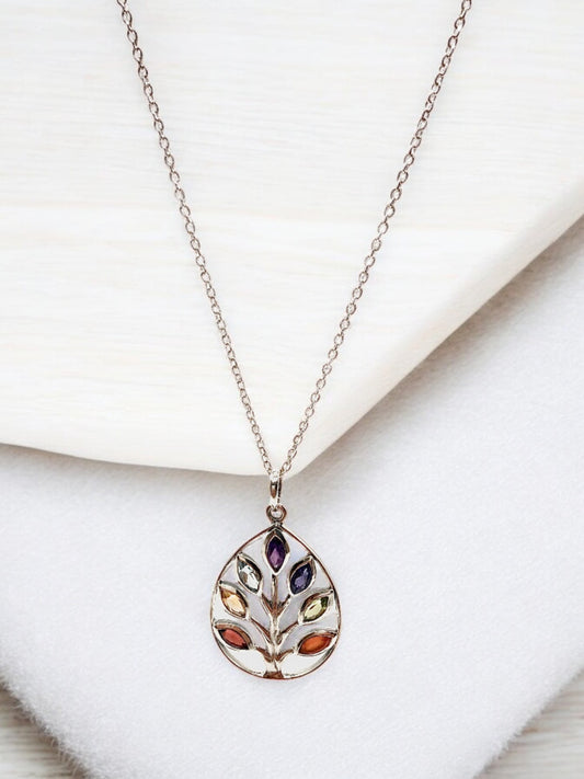 Tree Of Life Seven Stones Pendant Necklace in Sterling Silver