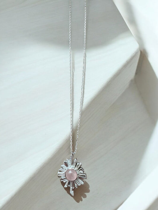 Sun Rose Quartz Gemstone Pendant Necklace in Sterling Silver