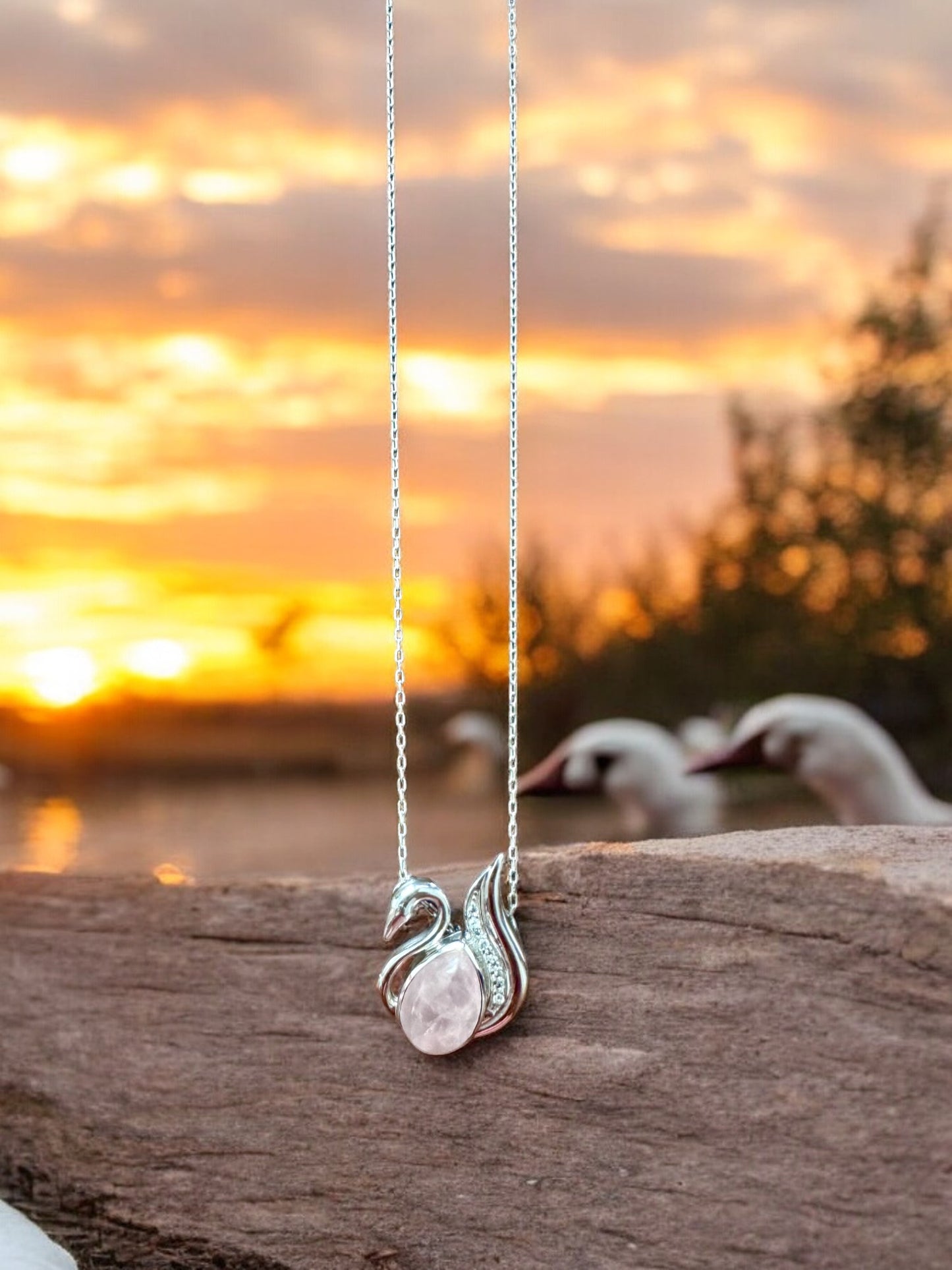 Swan Rose Quartz Gemstone Pendant Necklace in Sterling Silver