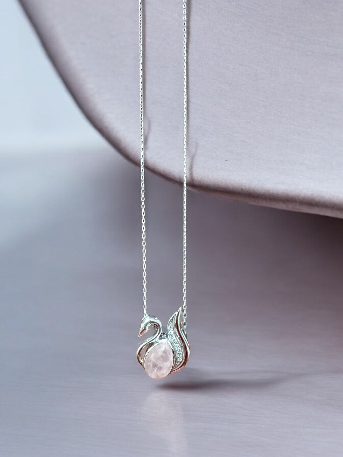 Swan Rose Quartz Gemstone Pendant Necklace in Sterling Silver