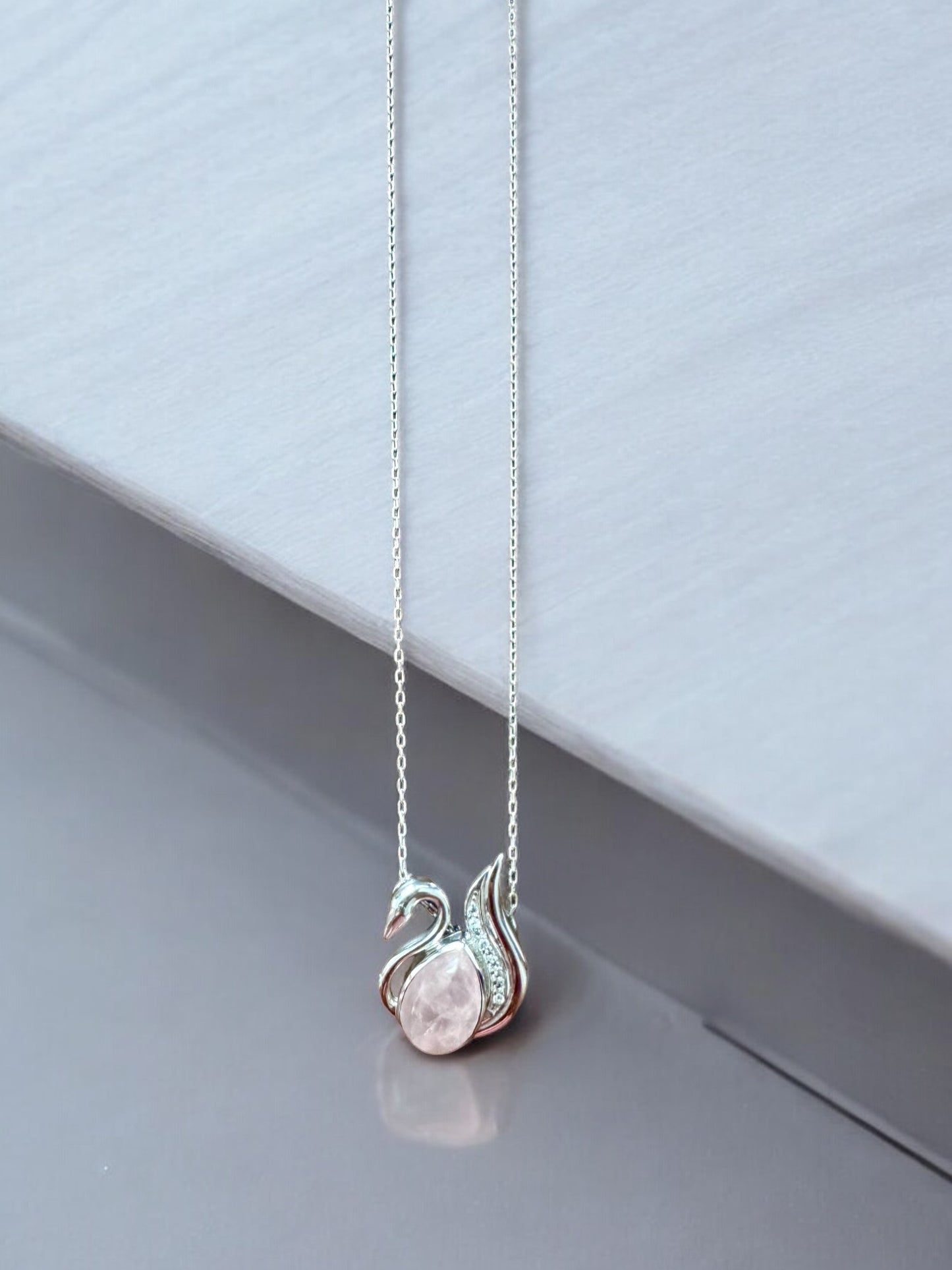 Swan Rose Quartz Gemstone Pendant Necklace in Sterling Silver