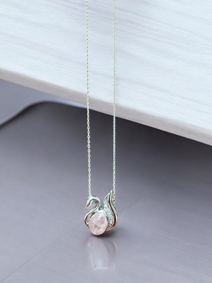 Swan Rose Quartz Gemstone Pendant Necklace in Sterling Silver