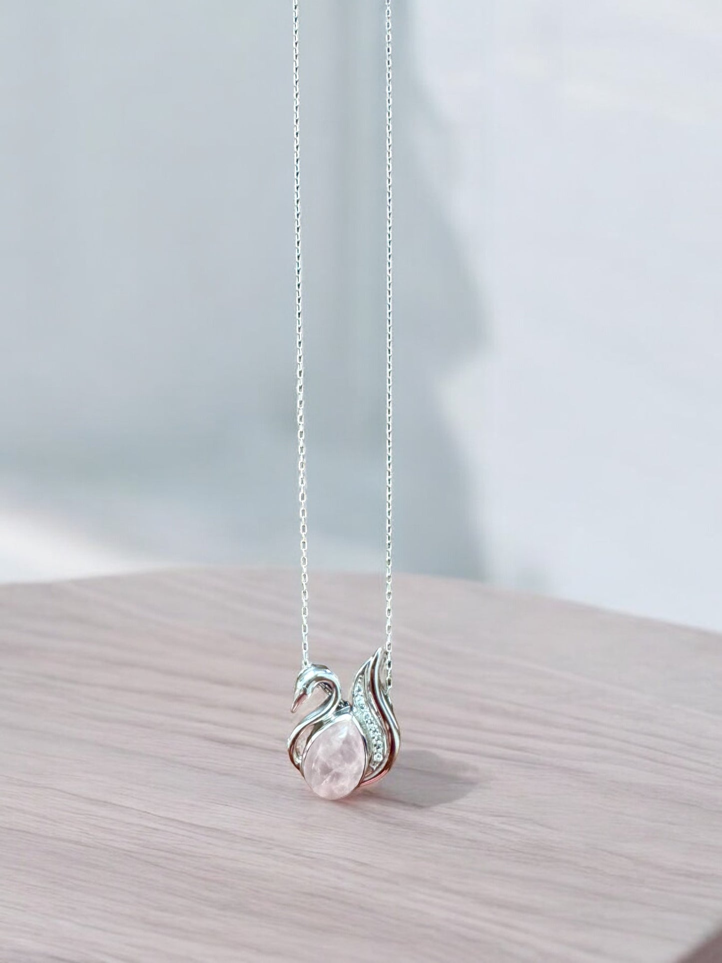 Swan Rose Quartz Gemstone Pendant Necklace in Sterling Silver