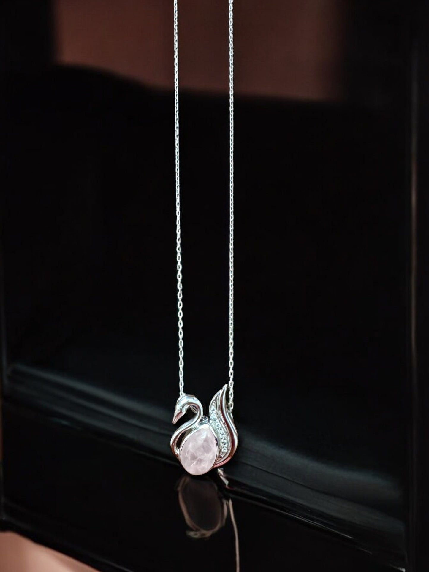 Swan Rose Quartz Gemstone Pendant Necklace in Sterling Silver