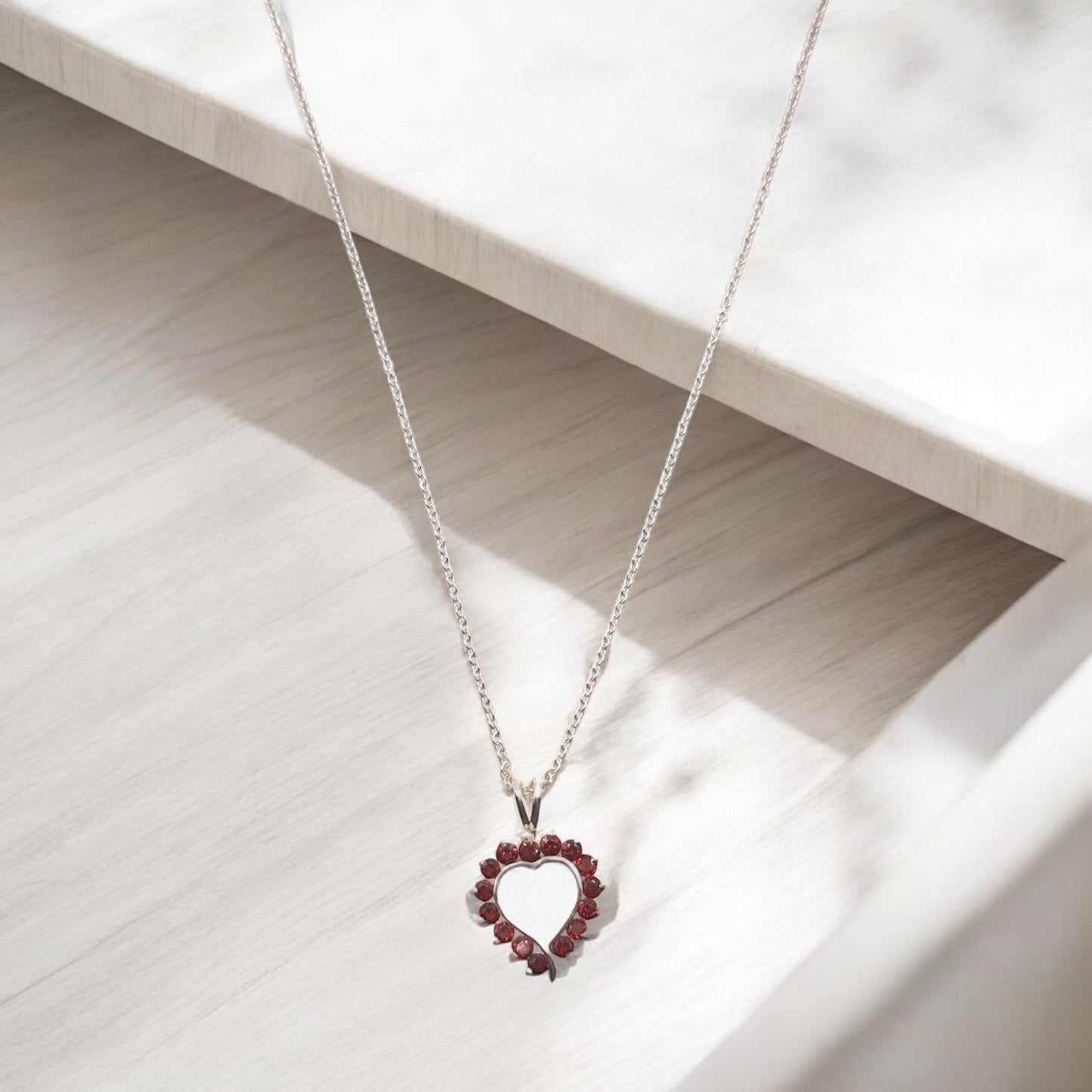 Garnet Gemstone Heart Pendant Necklace in Sterling Silver