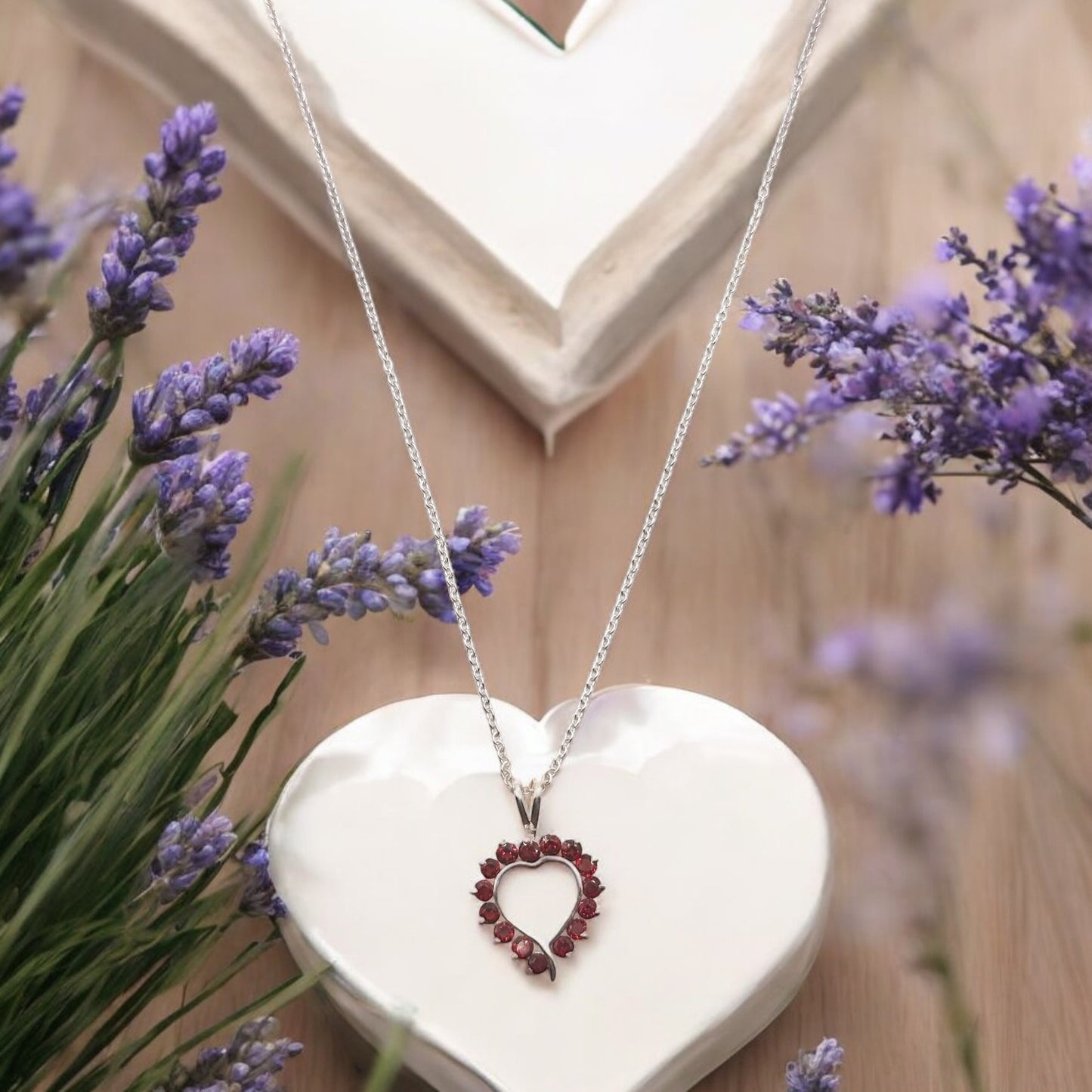 Garnet Gemstone Heart Pendant Necklace in Sterling Silver