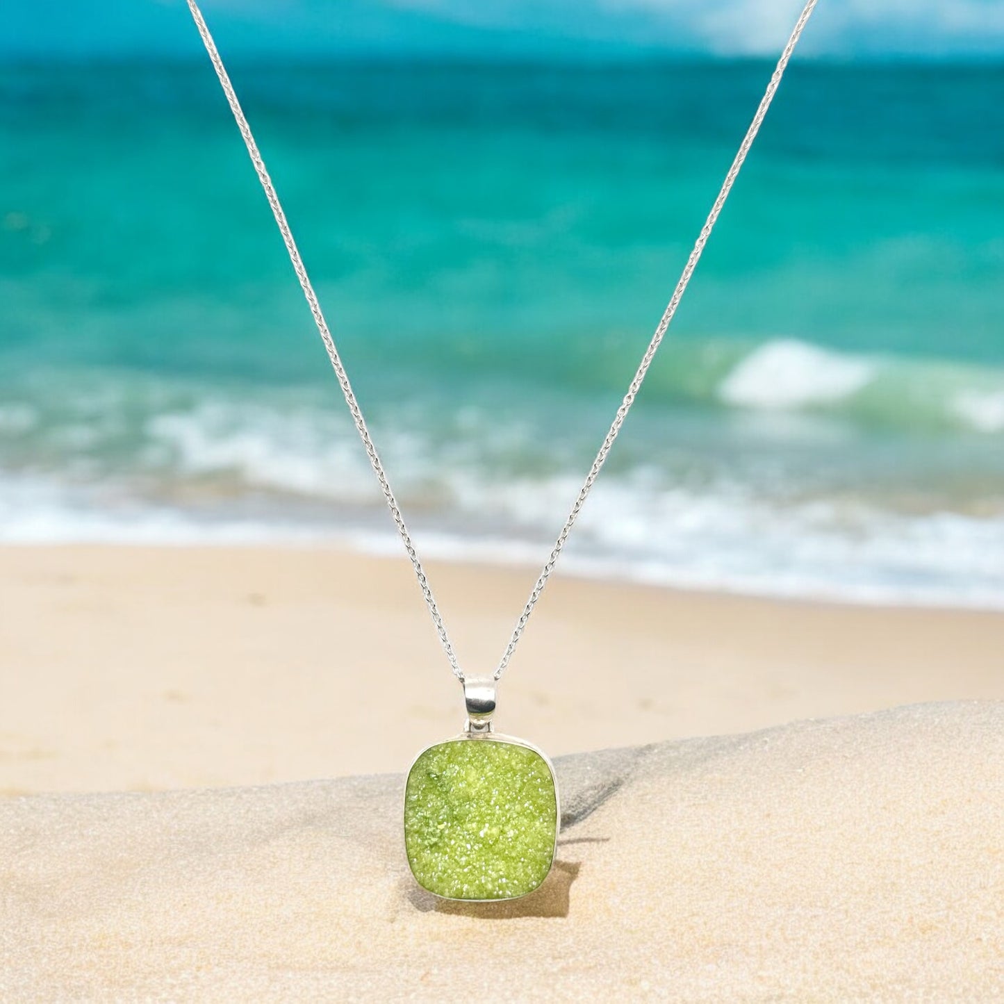 Green Druzy Gemstone Pendant Necklace in Sterling Silver