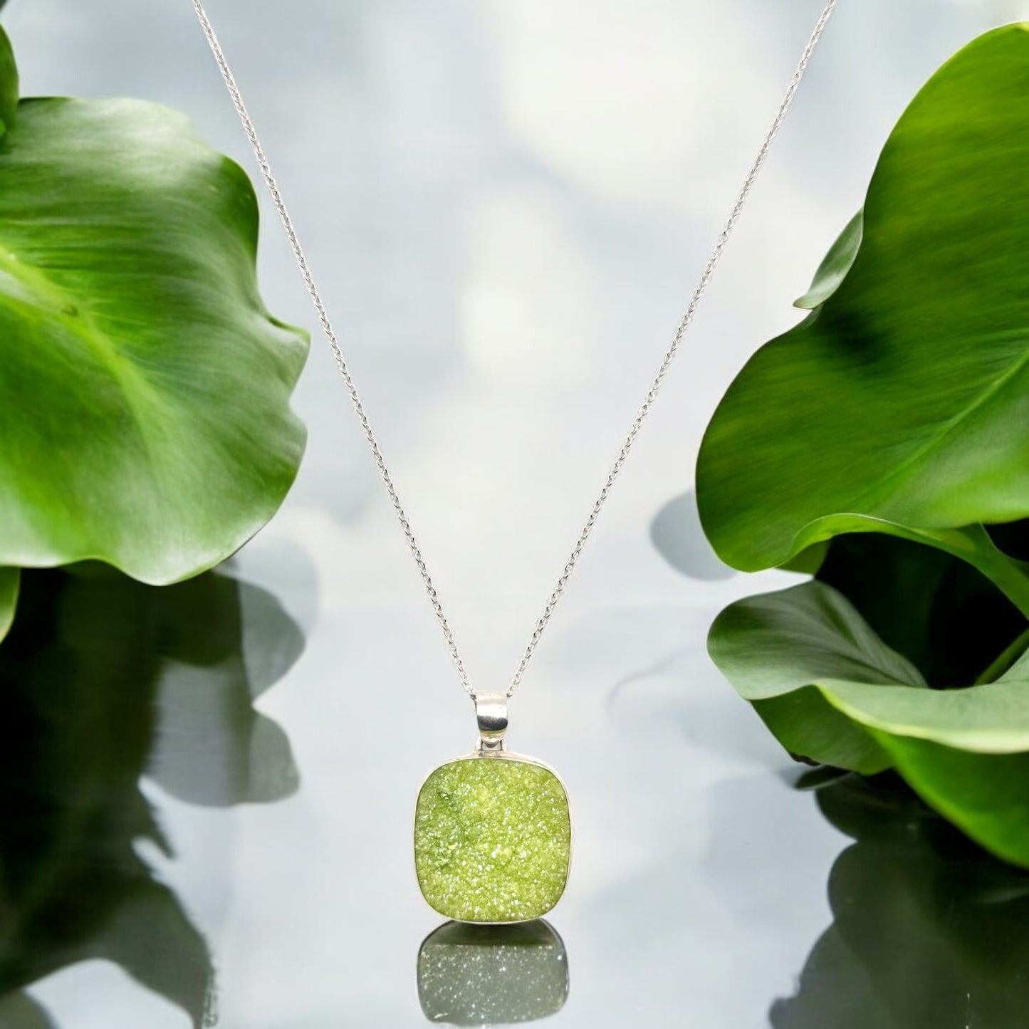 Green Druzy Gemstone Pendant Necklace in Sterling Silver