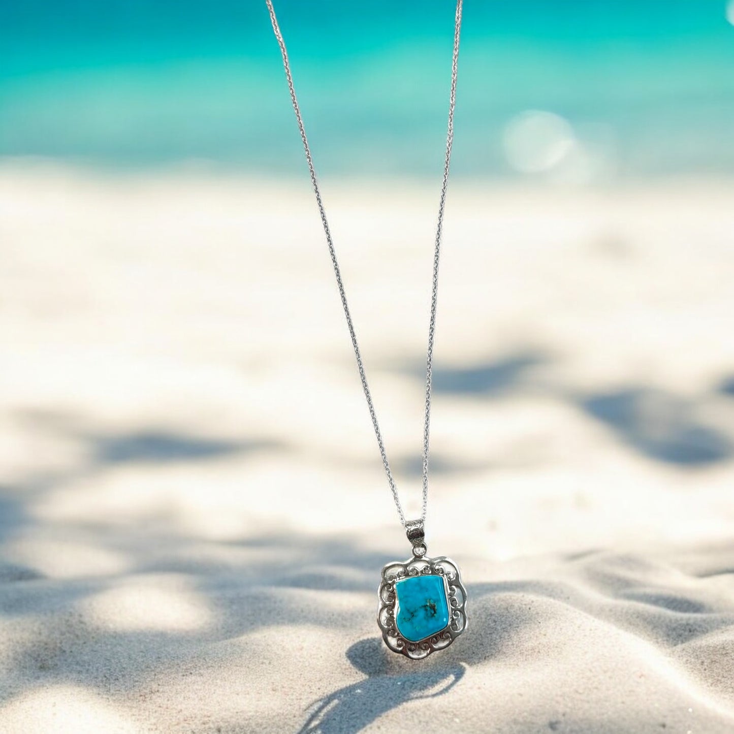 Turquoise Beach Gemstone Pendant Necklace in Sterling SIlver